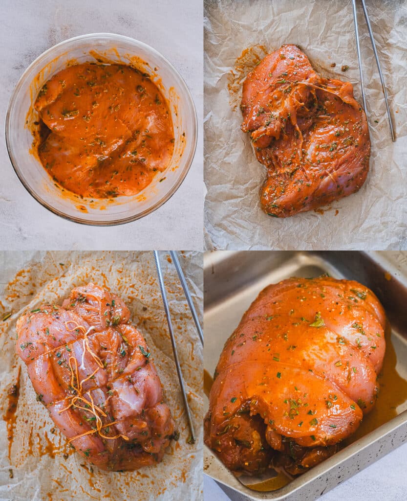 The process for marinating and cooking turkey deli meat.