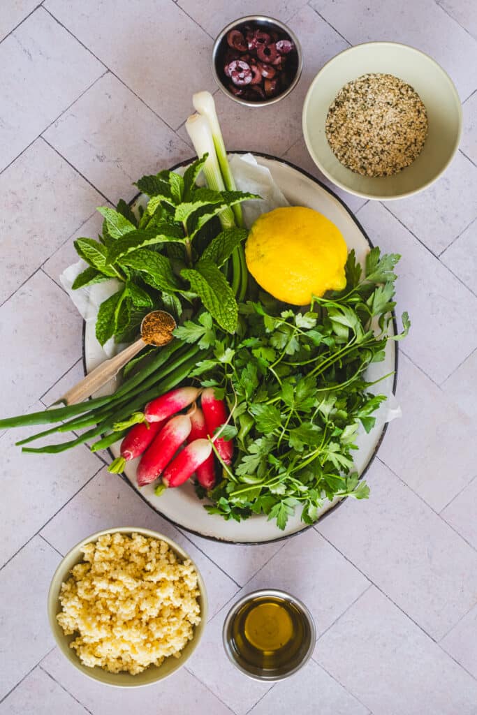 The ingredients for the gluten-free tabbouleh.