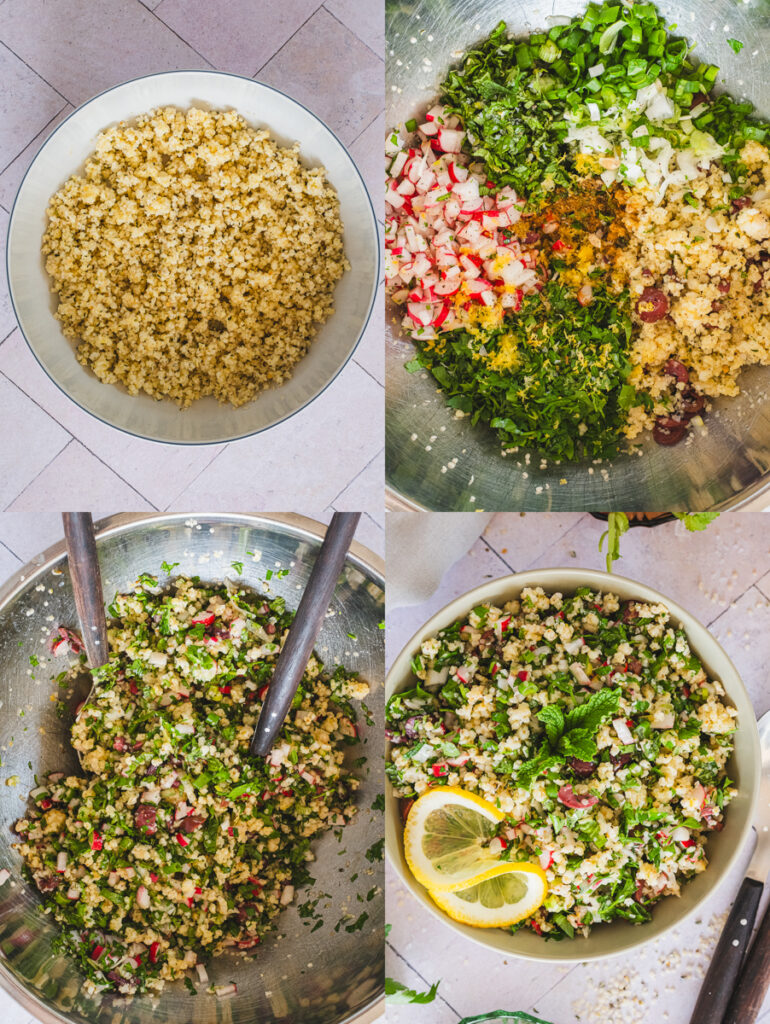The process of preparing and cooking the gluten-free tabbouleh.