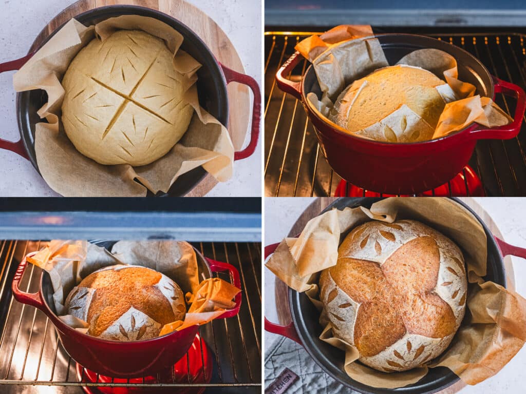 the dough in a dutch oven pot, before baking, during baking, and after baking