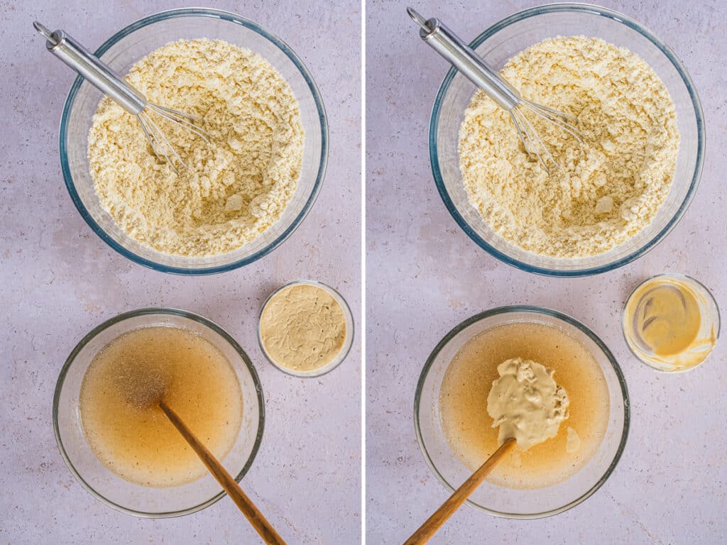 Dry ingredients bowl, psyllium husk gel bowl, preferment