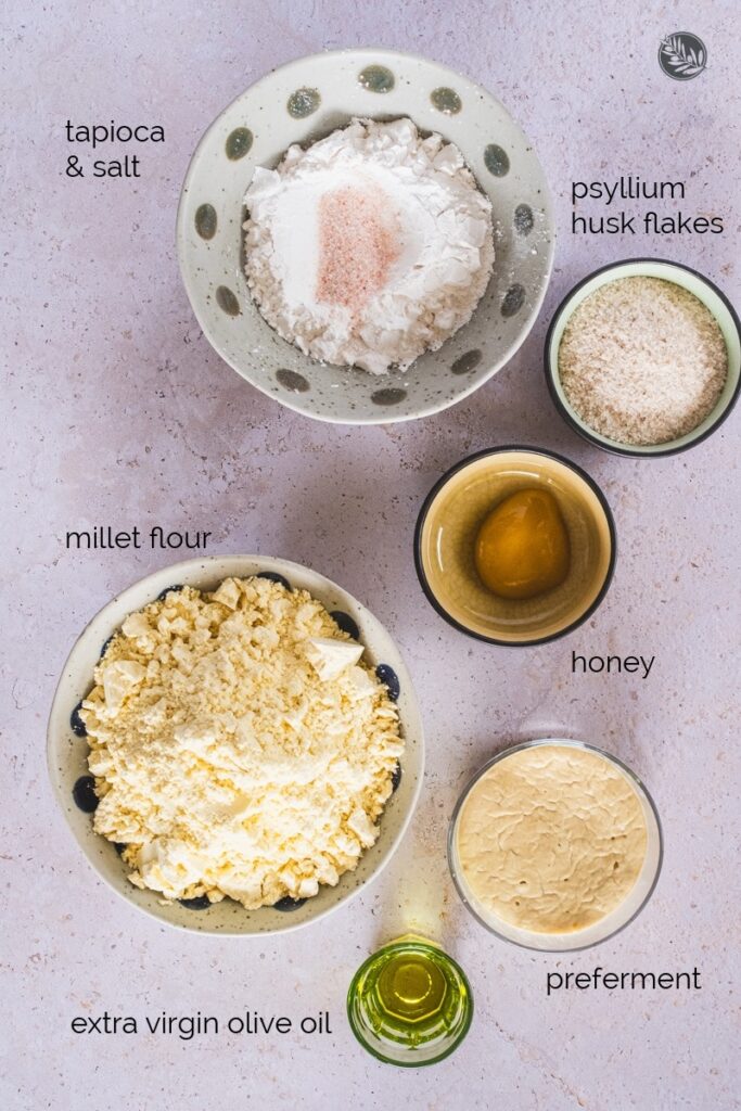 Ingredients for the easy gluten free millet sourdough bread