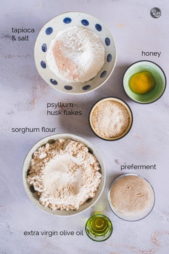 flatlay of ingredients for sorghum sourdough bread