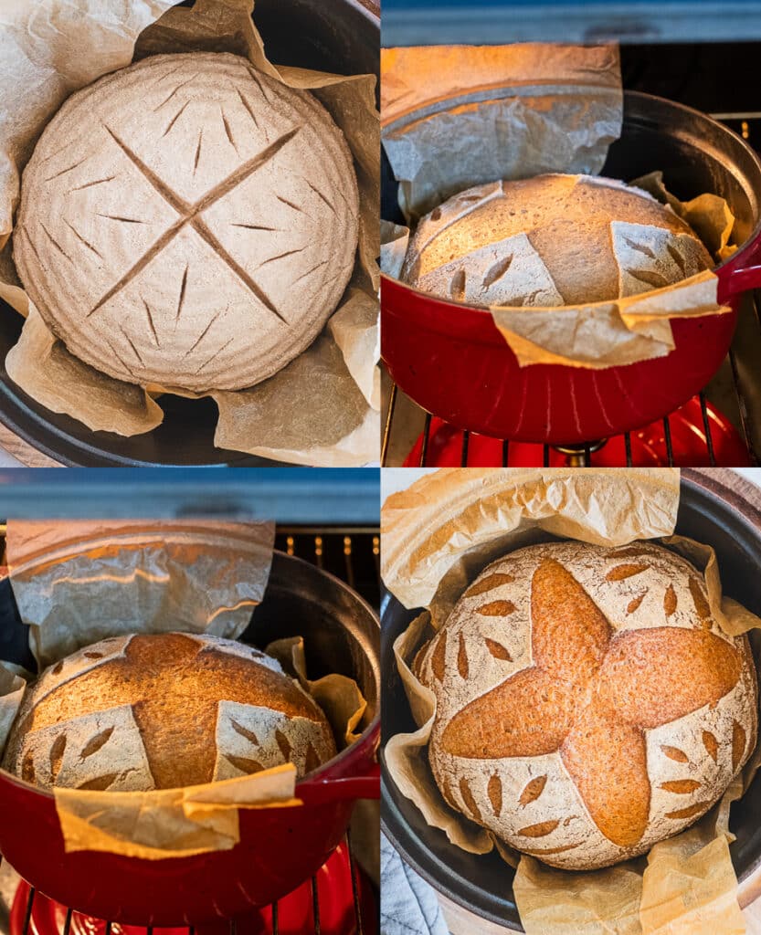 Scoring and baking sorghum sourdough bread in a Dutch oven