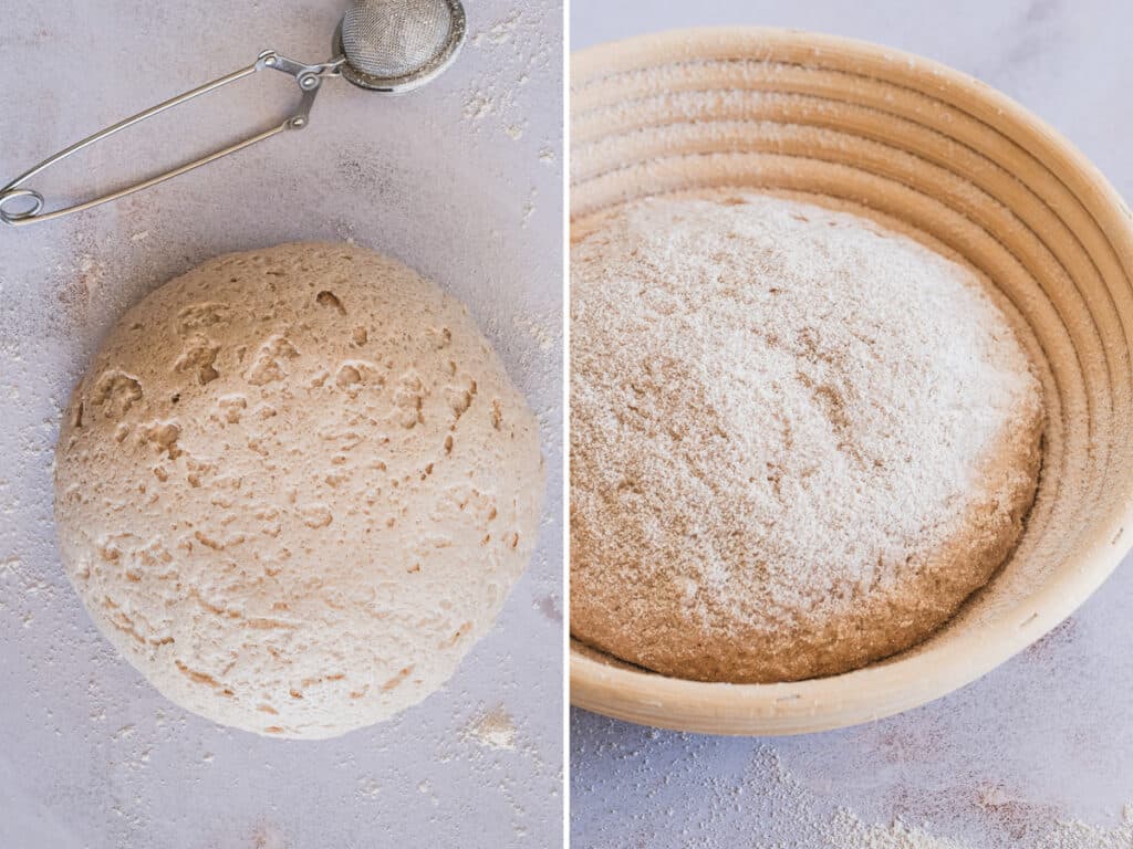 sorghum sourdough bread dough after proofing (first rise) and after shaping, in a banneton