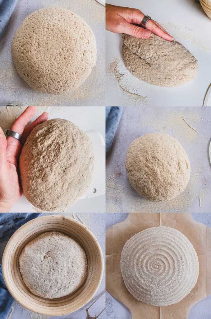 collage of stages of shaping gluten free sourdough bread