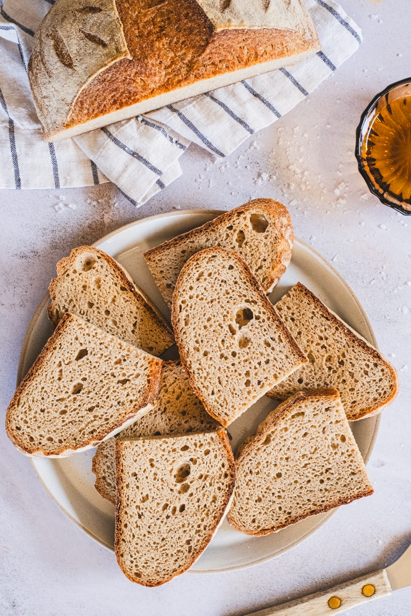 slices of teff sourdough bread on a plate