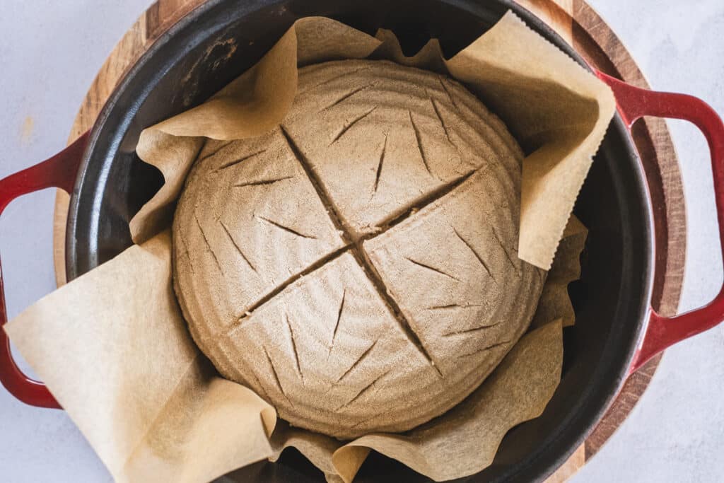 teff sourdough bread, in a Dutch oven, just before baking