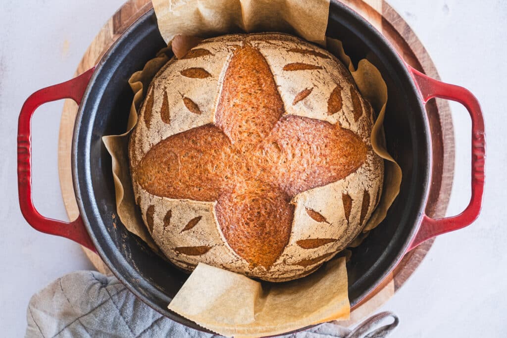 baked teff sourdough bread in a Dutch oven, just out of the oven
