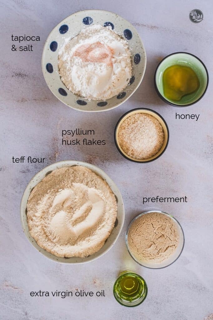 flatlay of ingredients for teff sourdough bread