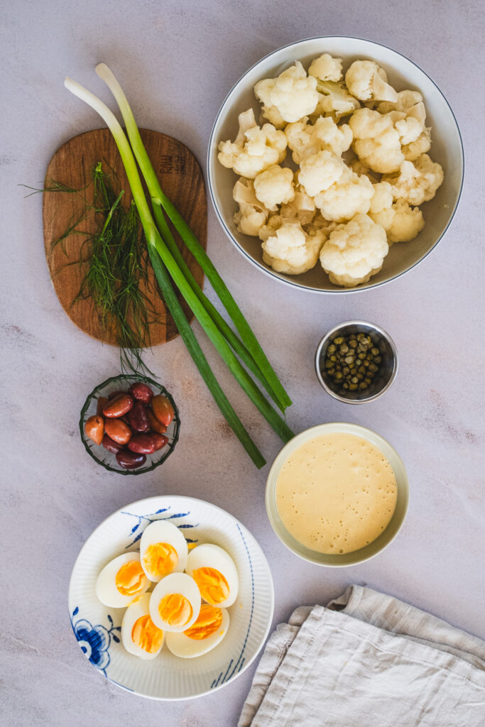 The ingredients and the dressing that has been prepared.