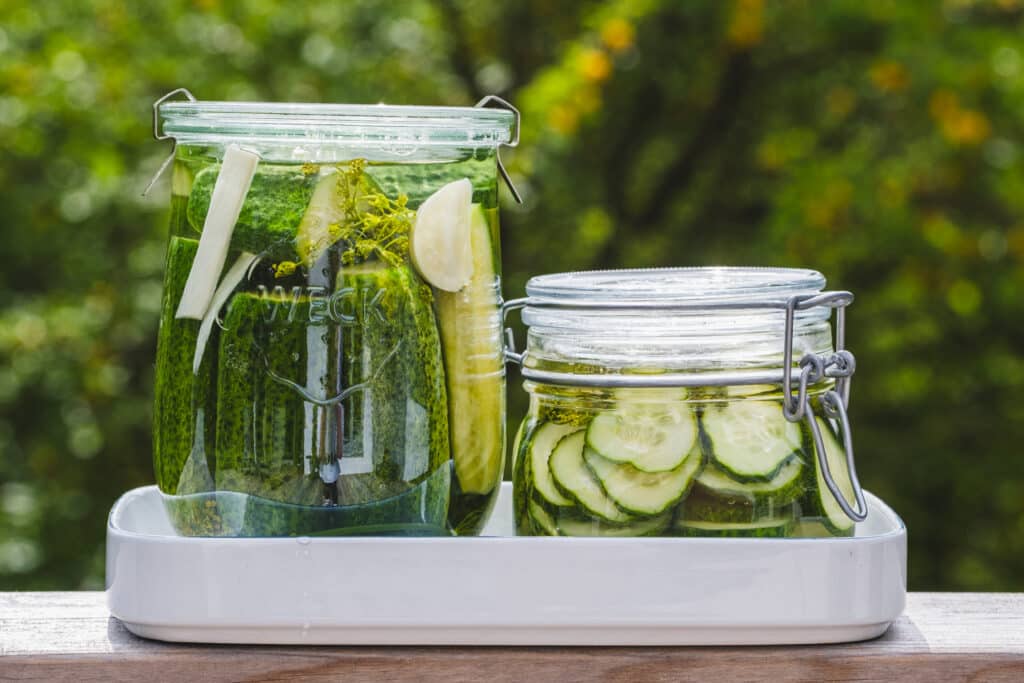 Two jars of fermented dill pickles.