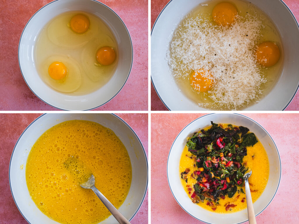 The process of preparing the Swiss chard frittata mixture.