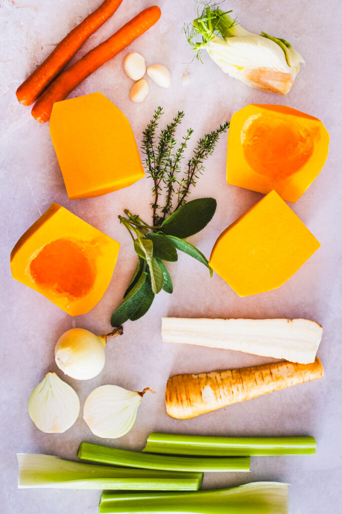 Ingredients for the creamy butternut squash soup.