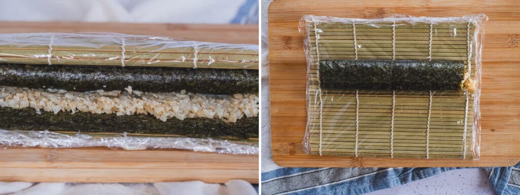 Using a sushi rolling mat to roll the sushi.
