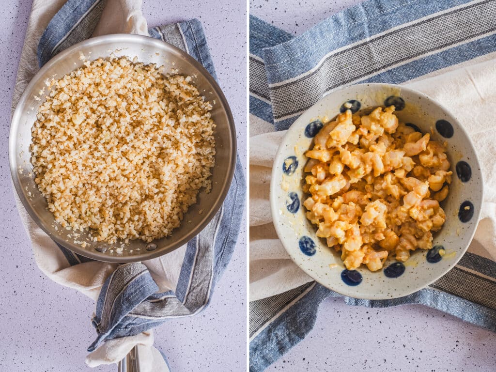 The cauliflower rice has been prepared, along with the shrimp filling.