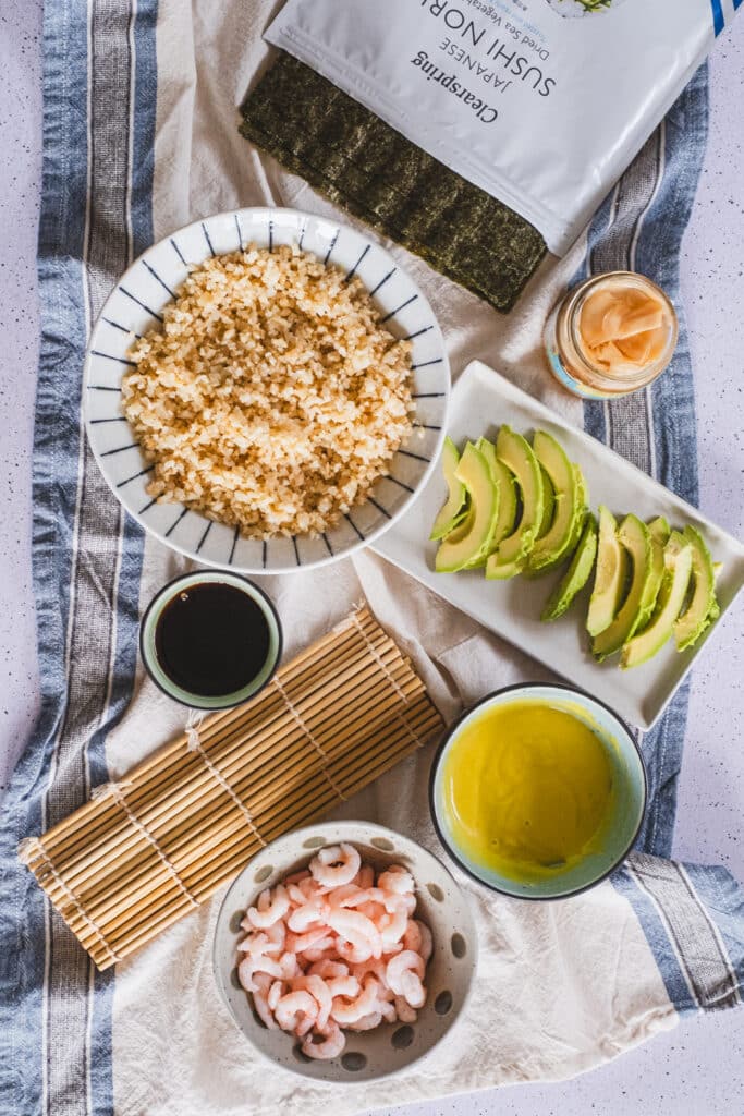 Ingredients for the low carb sushi rolls with cauliflower rice.