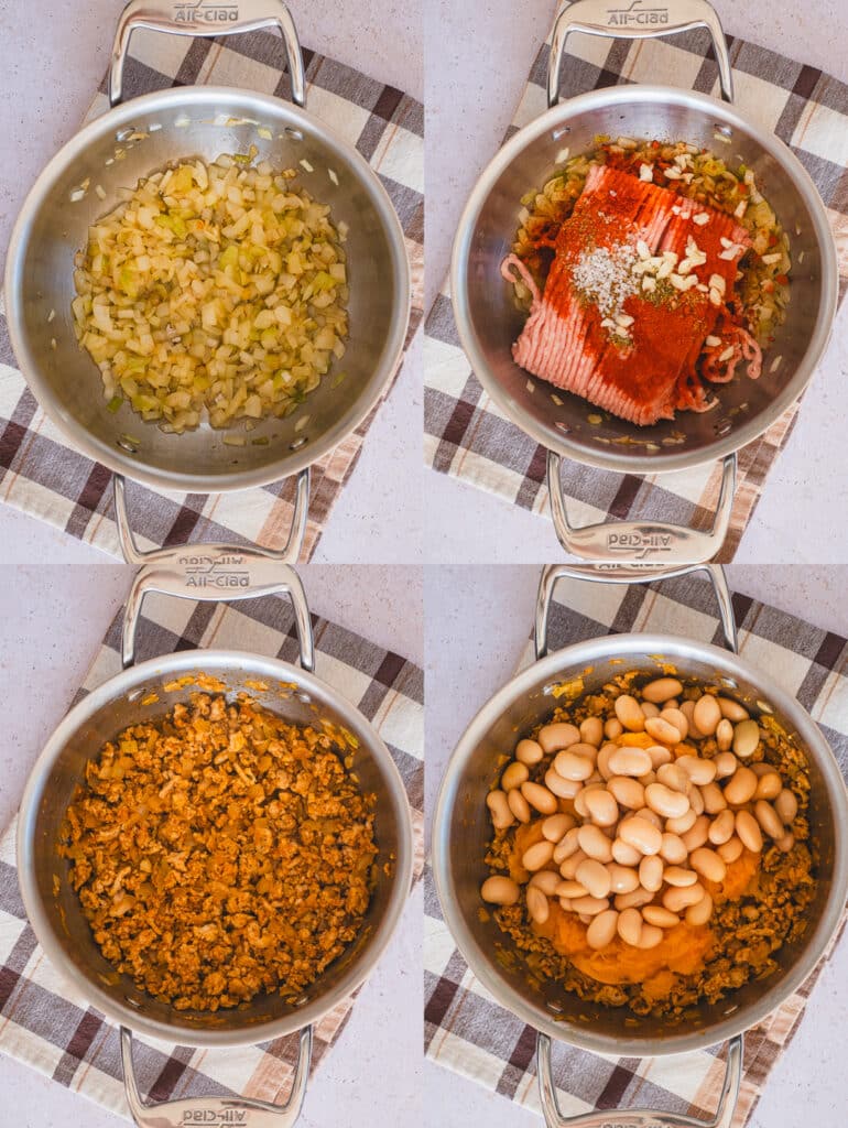 The process from browning the ground turkey until adding the pumpkin puree and butter beans.