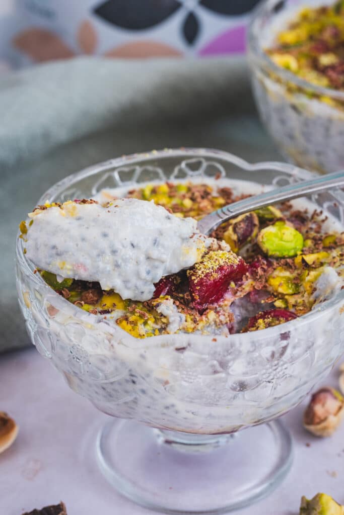 basil seed pudding with cherries and pistachios