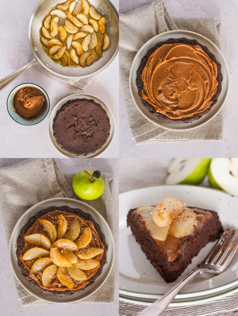 assembling of a Healthy Sweet Potato Chocolate Cake with Braised Pears