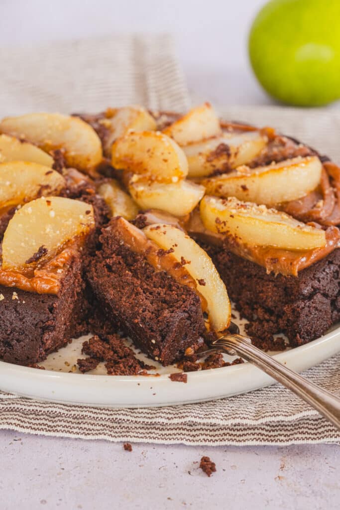 Healthy Sweet Potato Chocolate Cake with Braised Pears on a serving platter