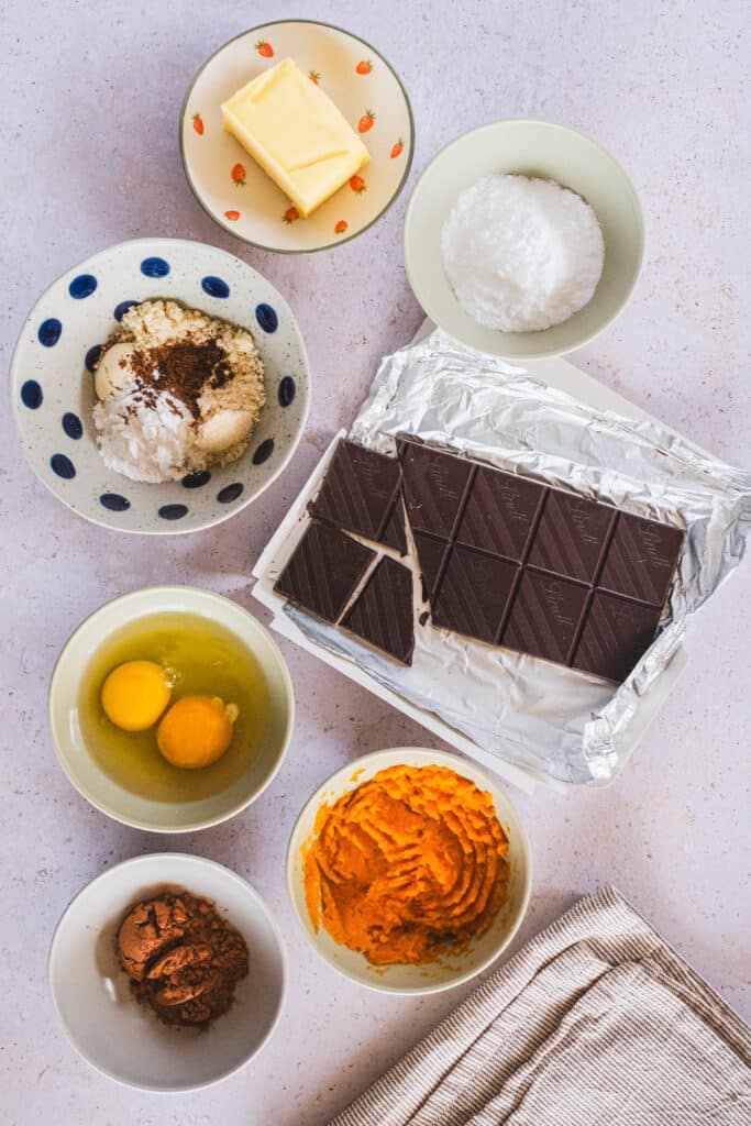 Ingredients for Healthy Sweet Potato Chocolate Cake with Braised Pears