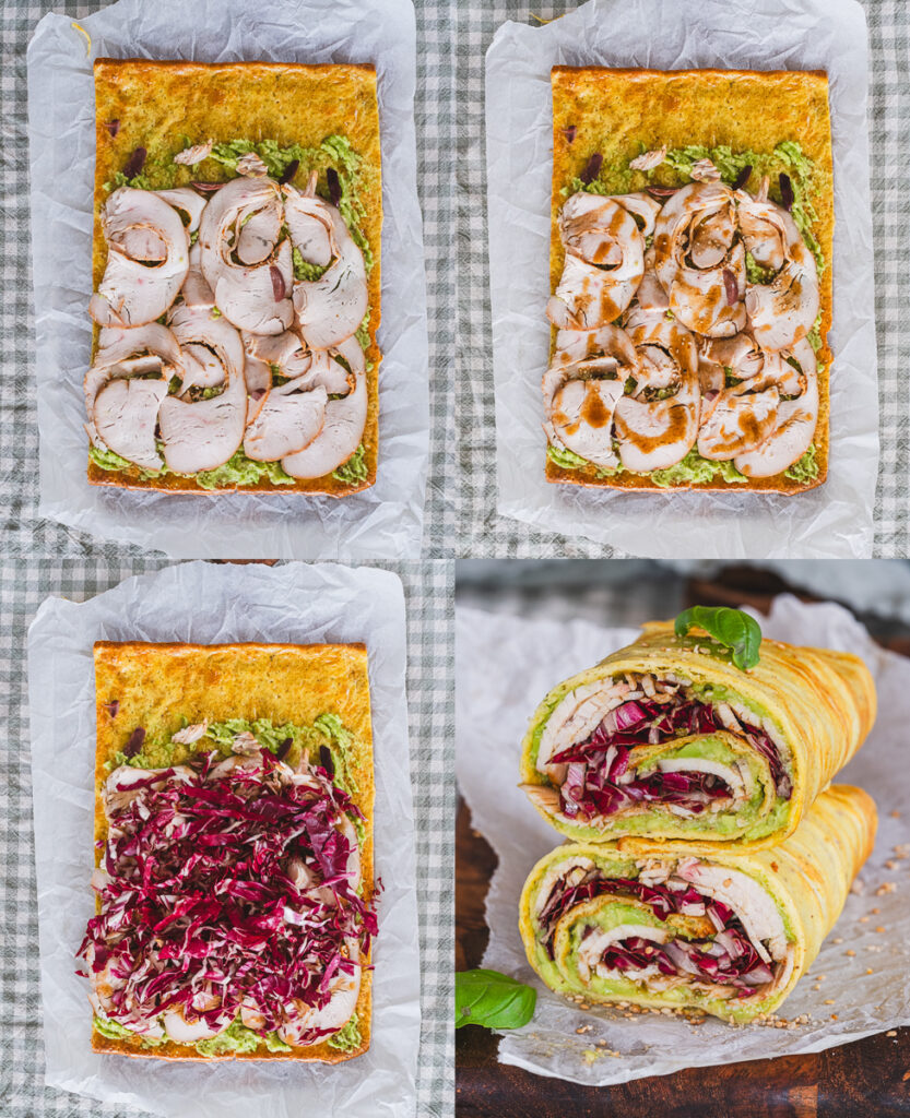 The steps to make a deli wrap using homemade turkey deli meat: