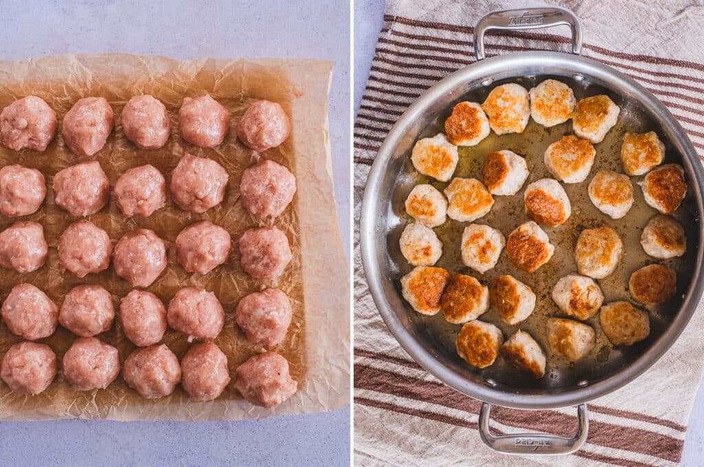 The meat has been shaped into small balls and is now being cooked in a sauté pan.