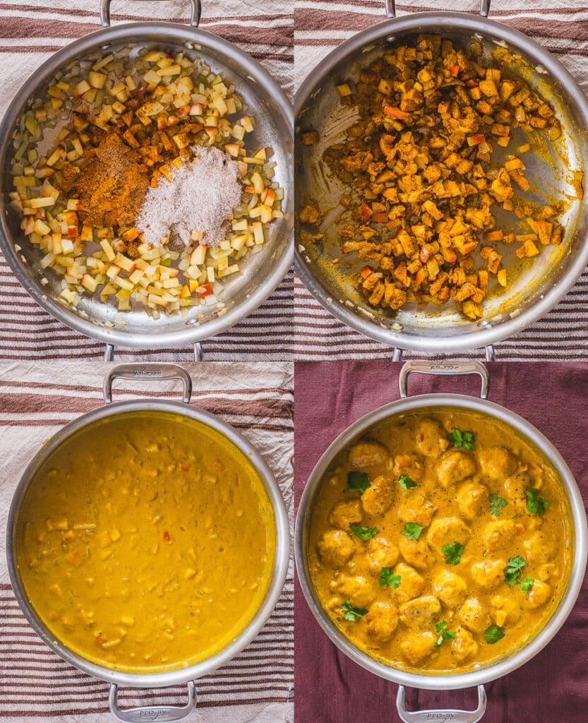 The process of making the coconut curry sauce and then adding the cooked chicken meatballs.