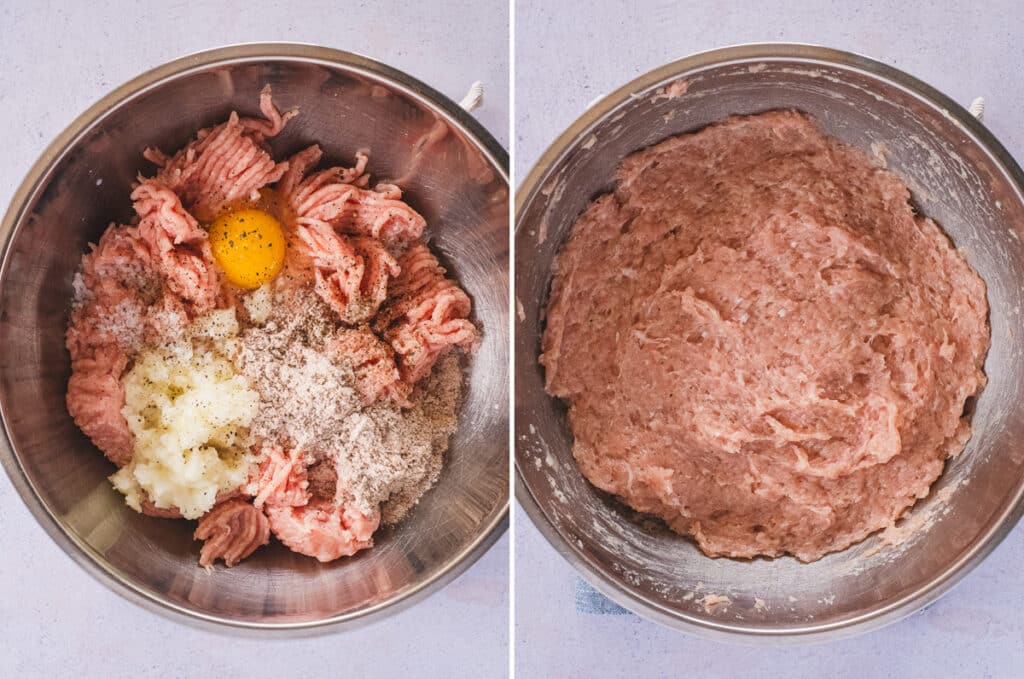 The process of combining the ingredients for the chicken meatballs.