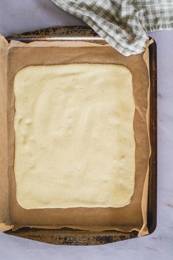 The mixture has been spread out in a rectangular shape.