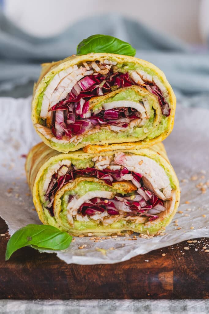 A wrap made with turkey deli meat and cottage cheese flatbread.