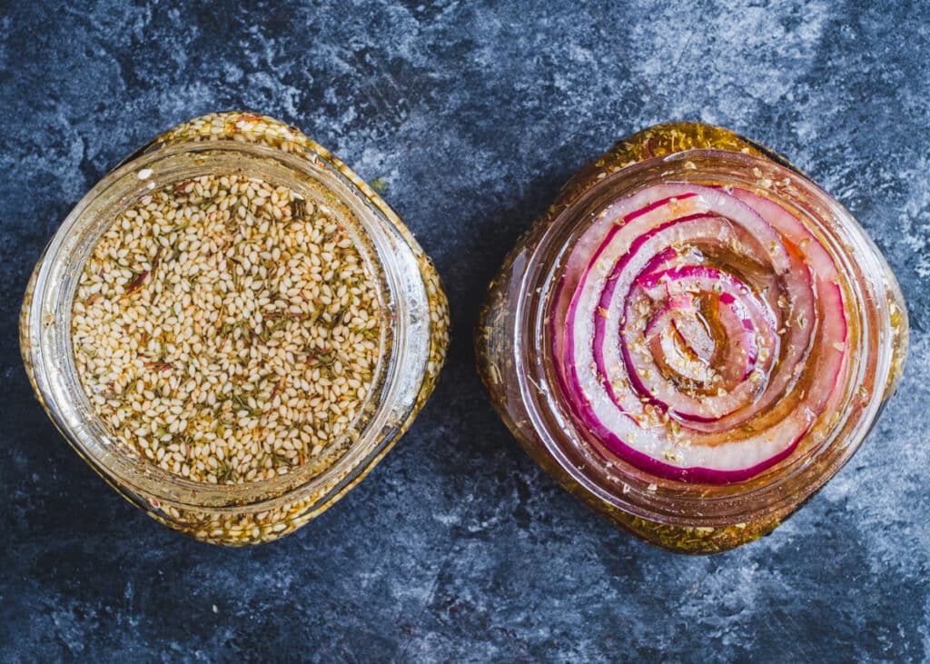 marinated onions and zaatar oil