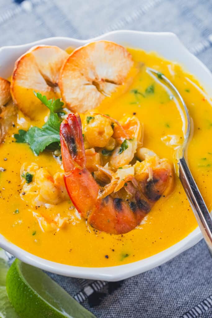 shrimp and cauliflower soup in a bowl