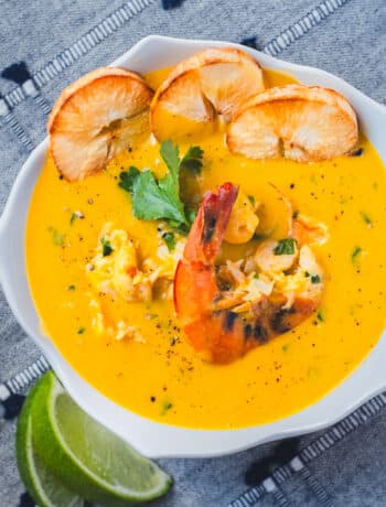 Shrimp and Cauliflower soup in a serving bowl