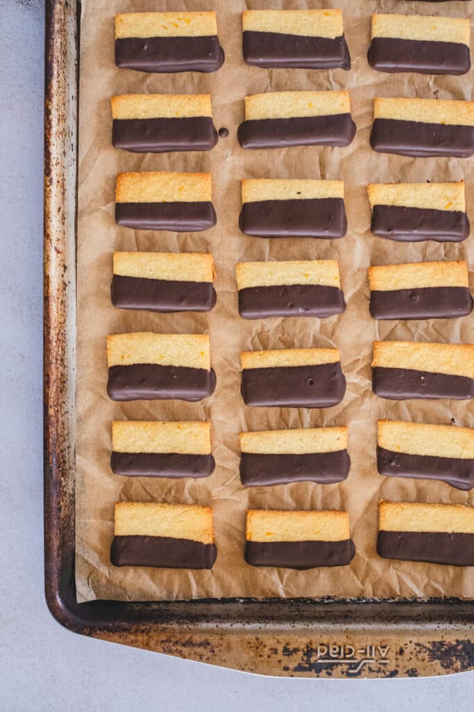 cookies dipped in chocolate on tray