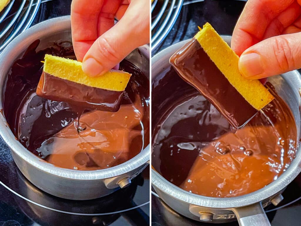 dipping shortbread cookies in melted chocolate