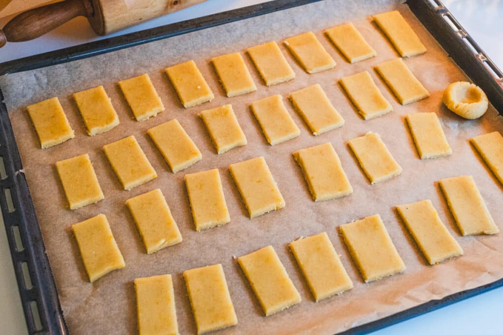 sugar free shortbread cookies before baking, on a cooking sheet