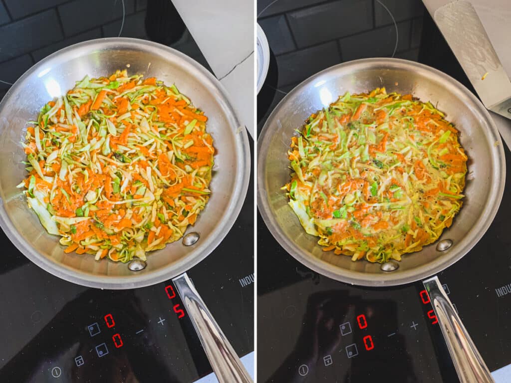 The cabbage pancake with sweet potato and asparagus is cooking in the skillet over medium heat.