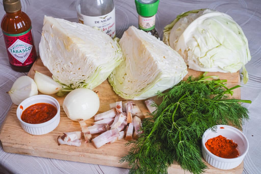 All the ingredients needed for the slow cooked cabbage recipe.