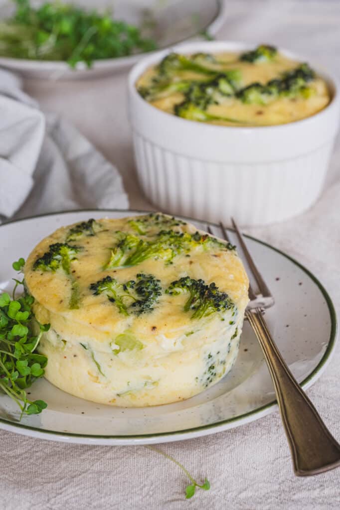 A broccoli flan served on a plate.