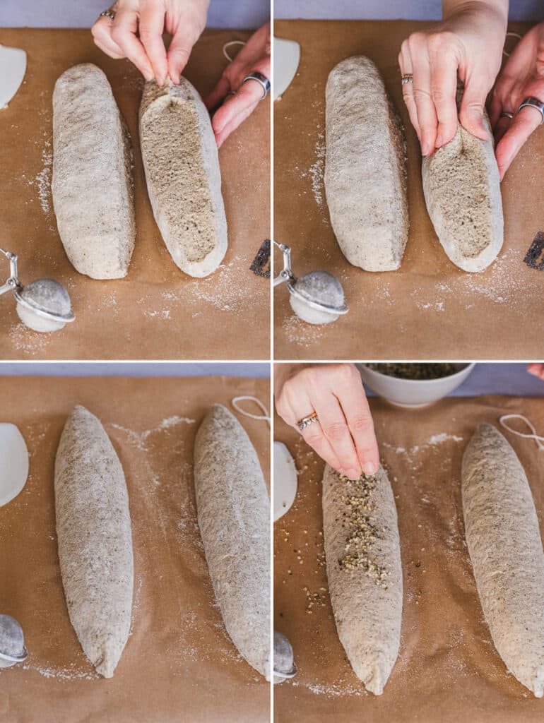 Pinching the dough together to seal it, shaping it into baguettes, and finally sprinkling hemp seeds on top.