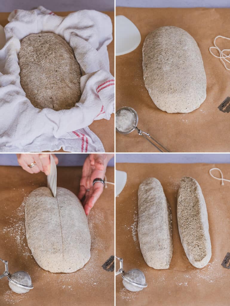 Moving the proofed sourdough baguette dough to a sheet of parchment paper and dividing it into two equal parts using a plastic scraper.