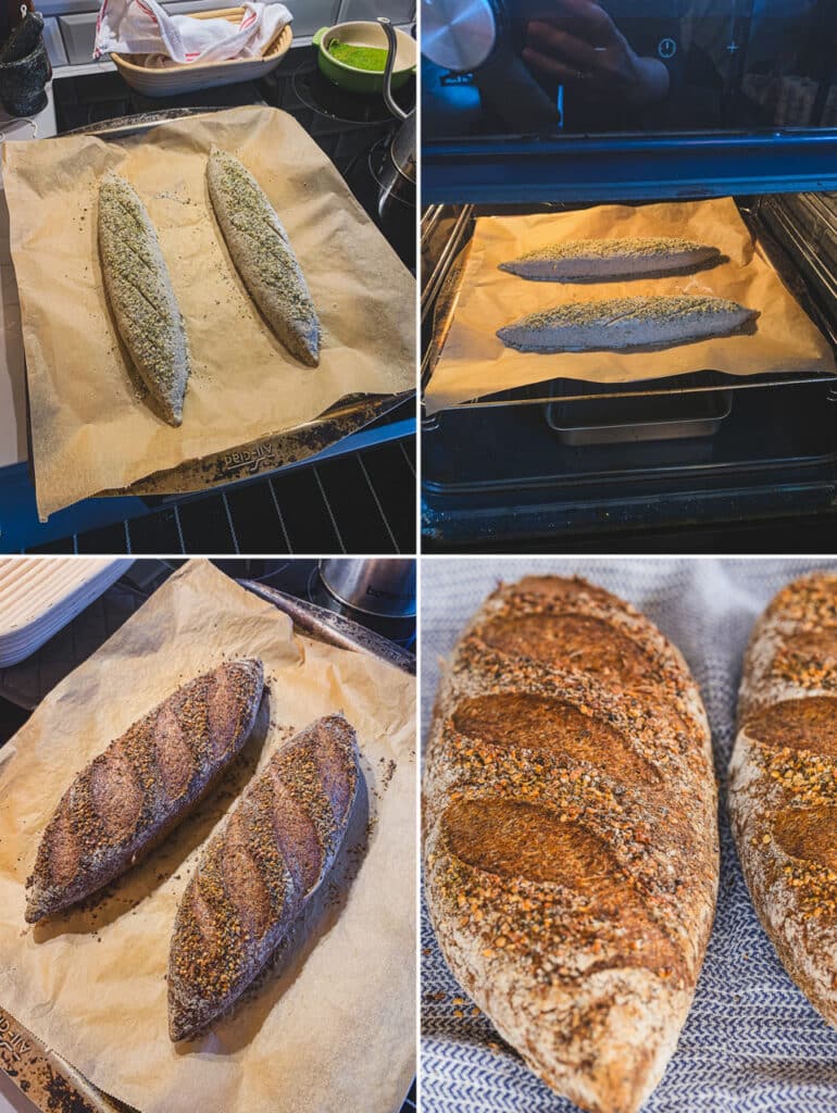 Baking the two gluten-free sourdough baguettes in the oven until golden brown and crisp.