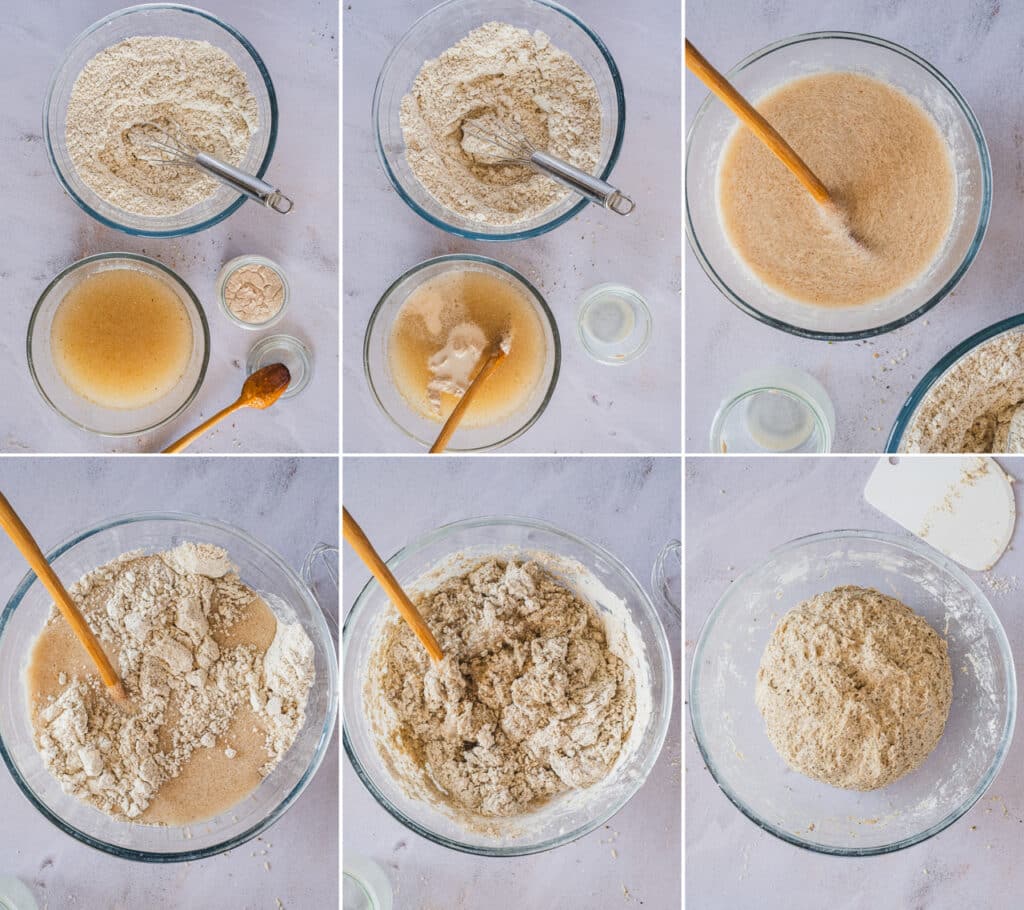 The process of mixing the ingredients and making the dough is shown step by step.