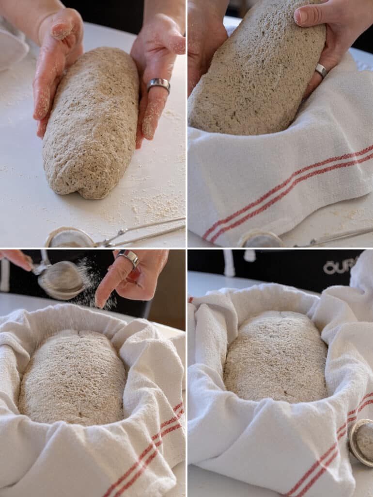 The dough is gently moved to the banneton and dusted evenly with flour, preparing it for proofing.