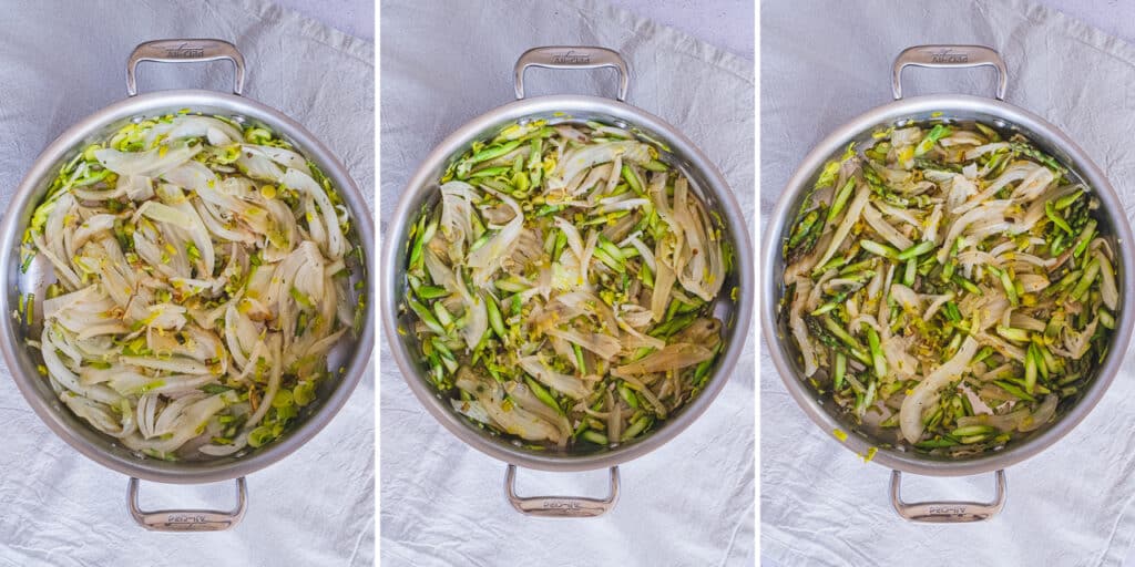 Sautéing chopped leeks, fennel, and asparagus in a skillet until softened.