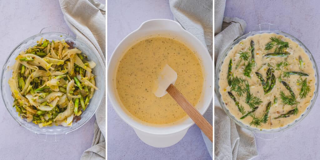 Pouring whisked eggs and sautéed vegetables into a baking dish to assemble the crustless quiche.