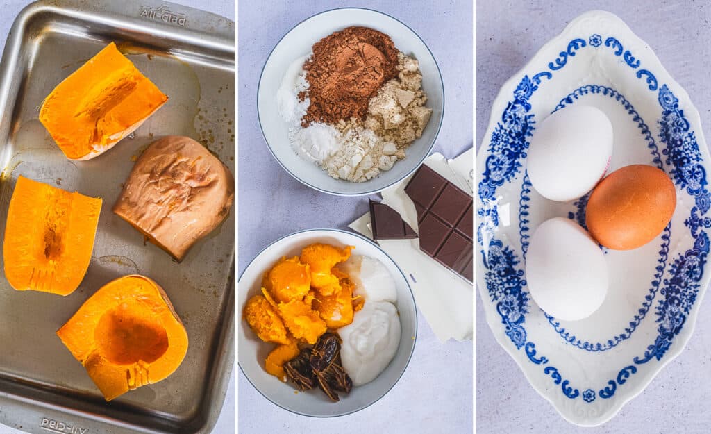 The dry and wet ingredients needed for the butternut squash brownies.