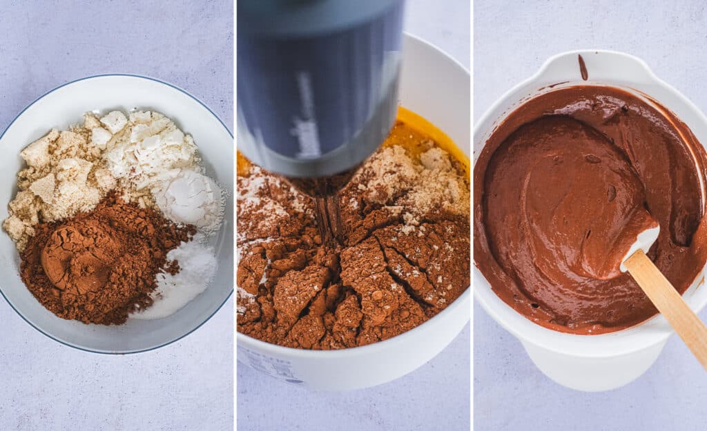 The process of adding the dry ingredients to the wet mixture and blending it all together.